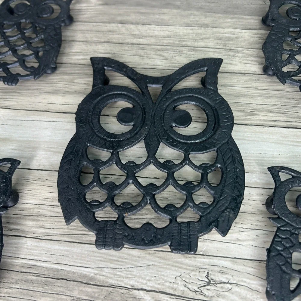 Vintage Owl Trivet Set Cast Iron Taiwan Kitchy Bird Decor Cottage Rustic Goth